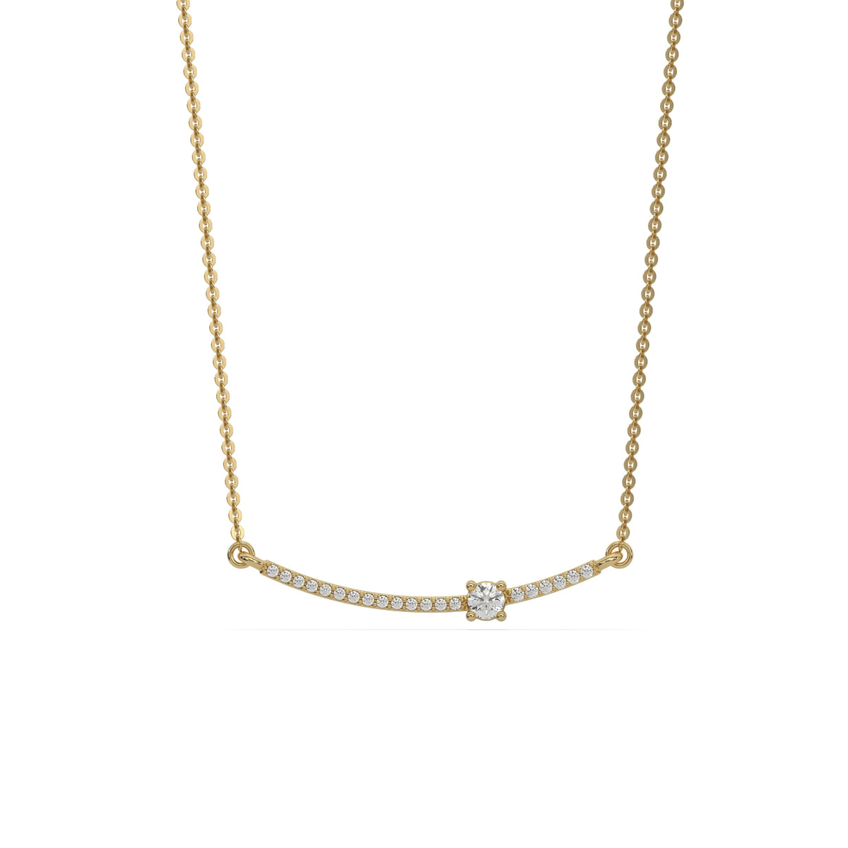 Curved Bar Diamond Necklace made with round brilliant-cut diamond in prong setting with a round solitaire on top set at an angle with adjustable chain