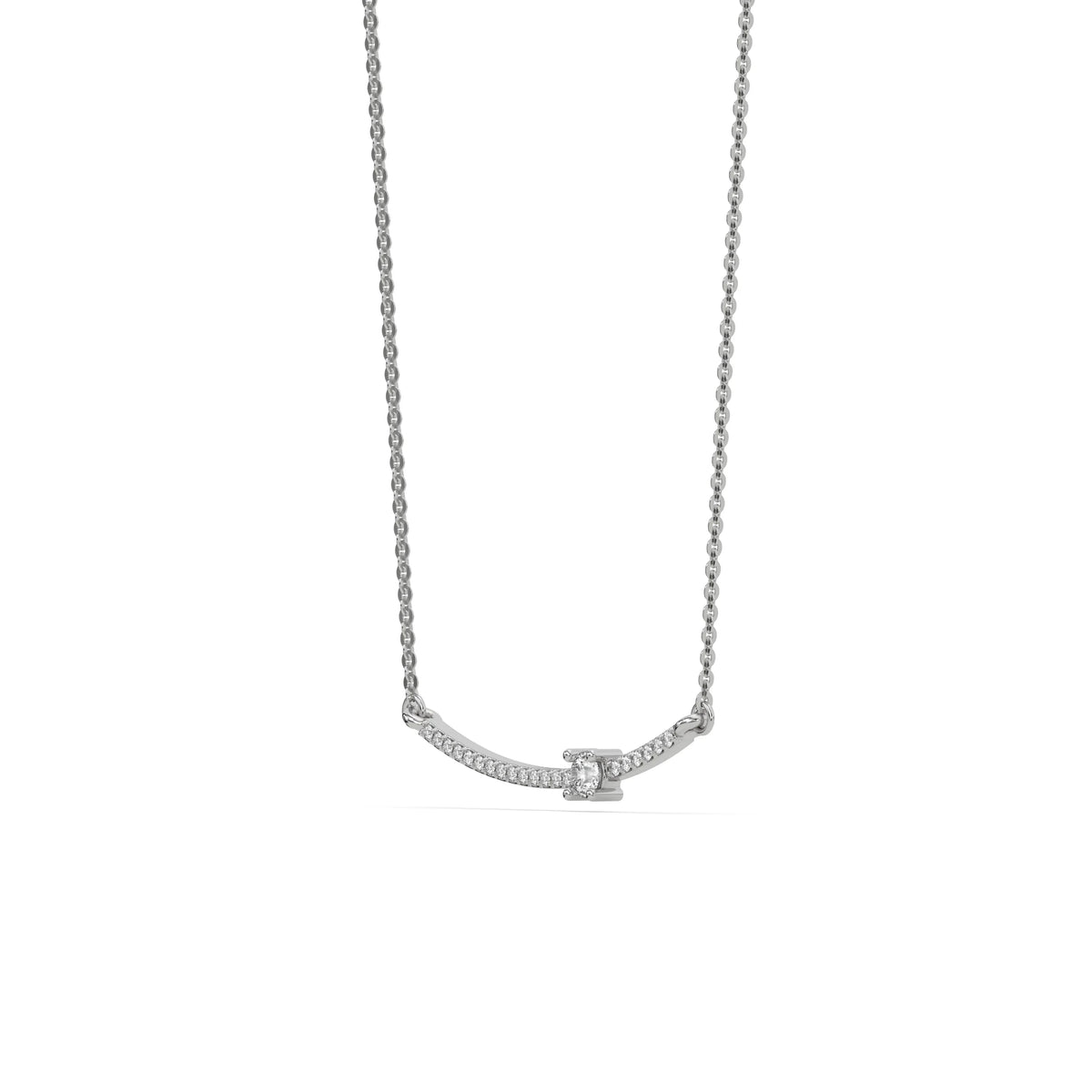 Curved Bar Diamond Necklace made with round brilliant-cut diamond in prong setting with a round solitaire on top set at an angle with adjustable chain