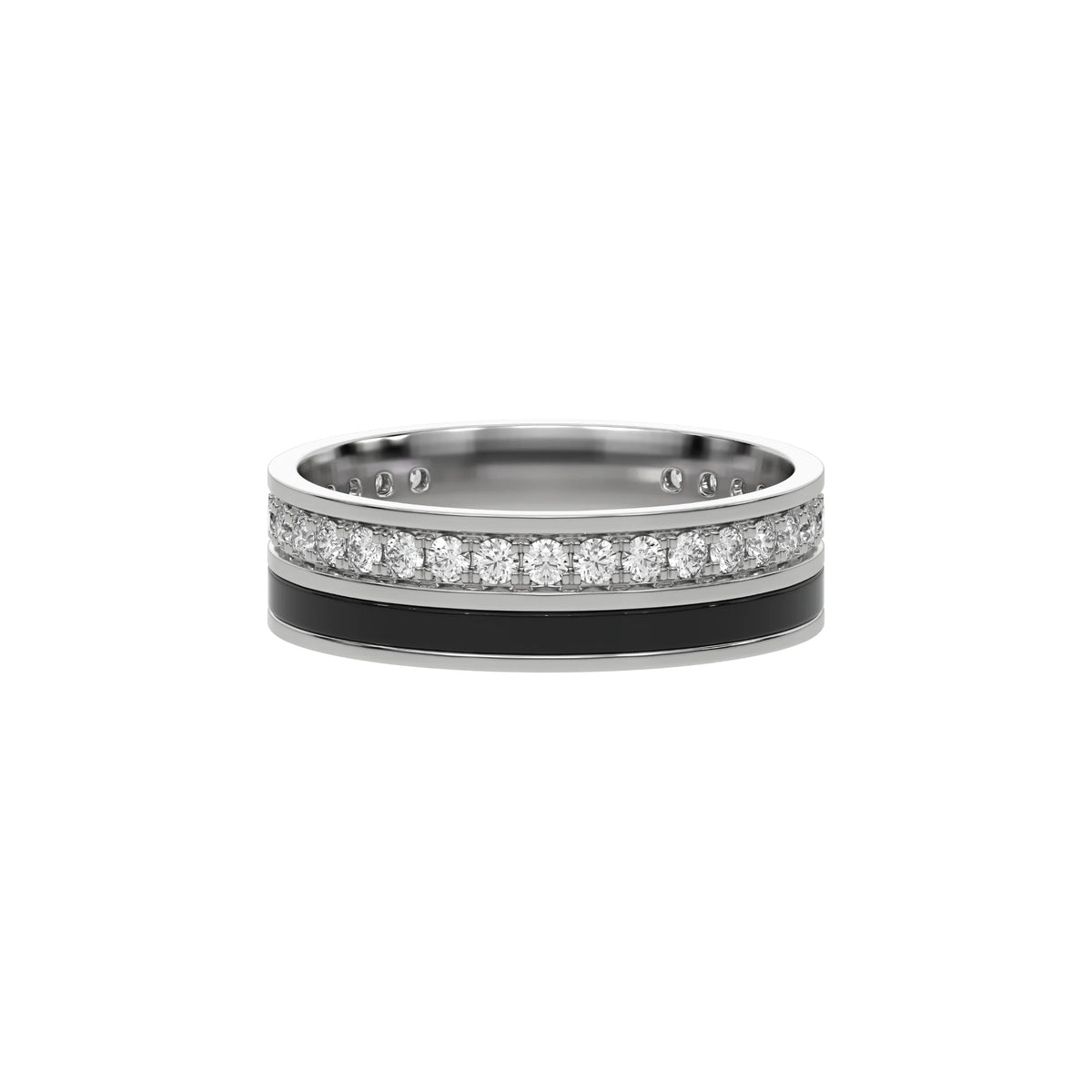 This white gold Diamond Enamel Eternity Band made with a rows of round brilliant cut diamonds set in a shared prong setting in top view