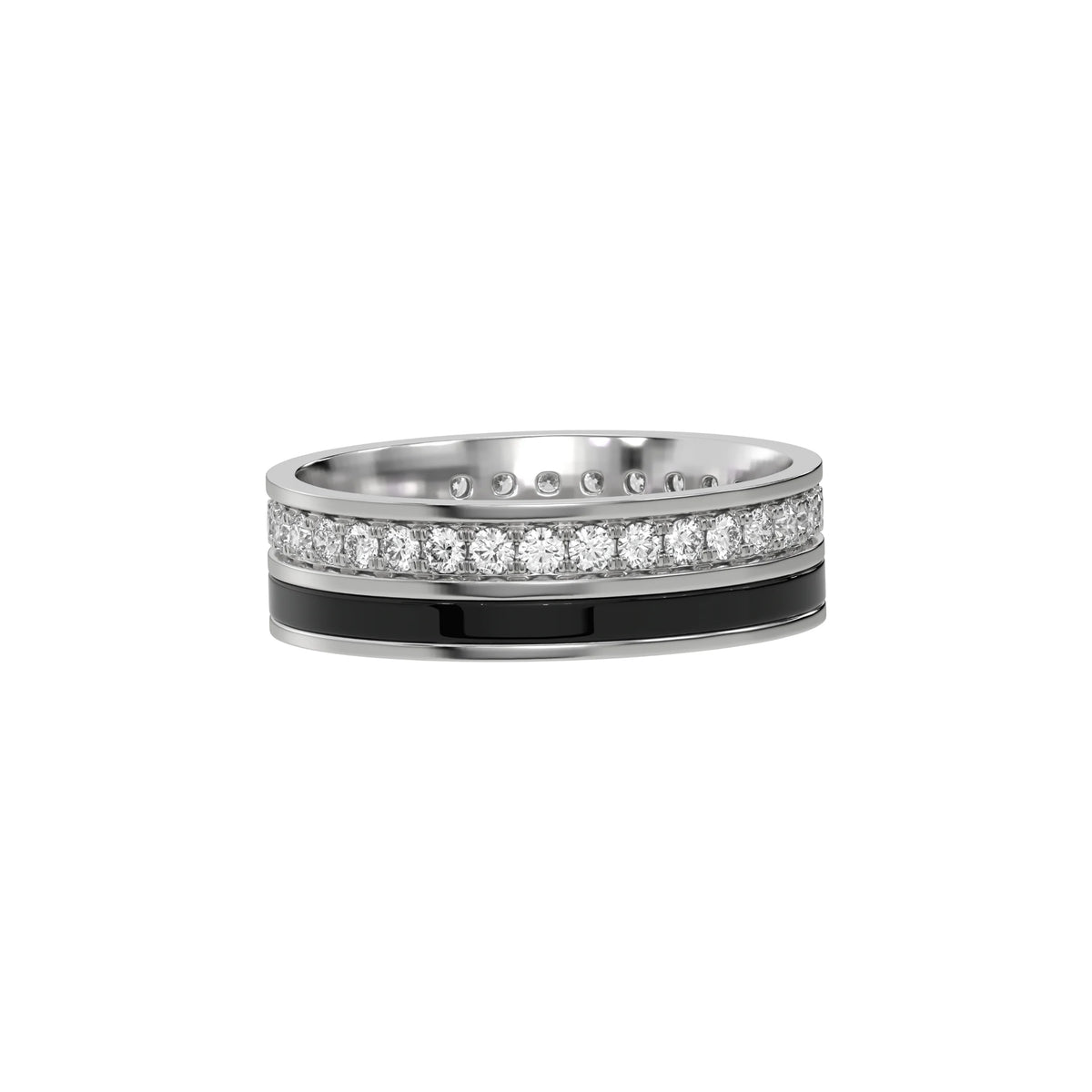 This white gold Diamond Enamel Eternity Band made with a rows of round brilliant cut diamonds set in a shared prong setting in side view