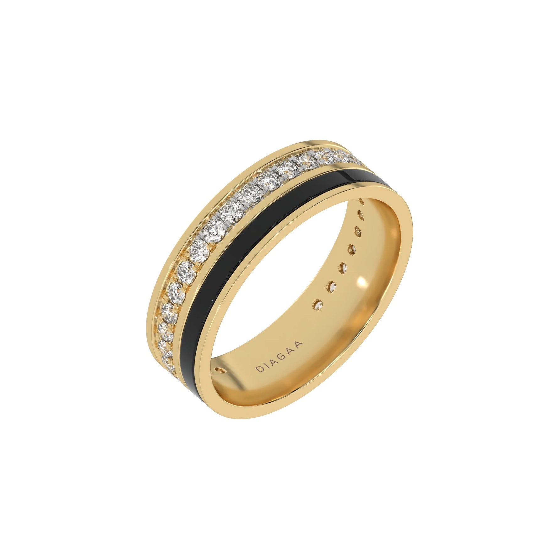 This yellow gold Diamond Enamel Eternity Band made with a rows of round brilliant cut diamonds set in a shared prong setting in 3D view