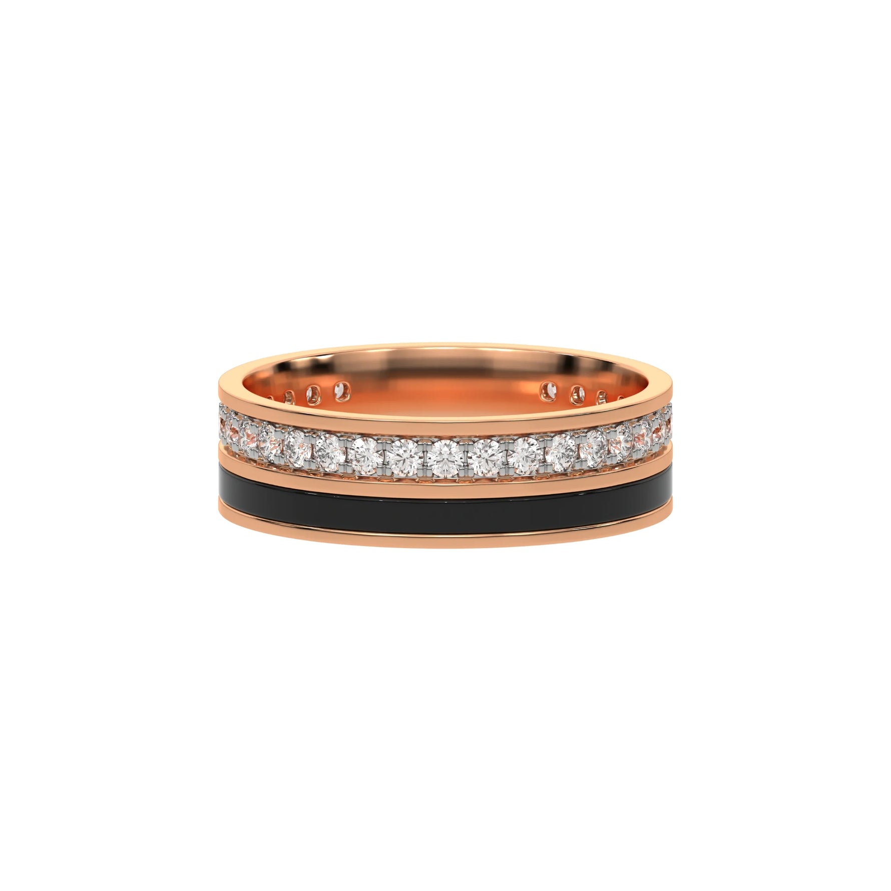 This rose gold Diamond Enamel Eternity Band made with a rows of round brilliant cut diamonds set in a shared prong setting in top view