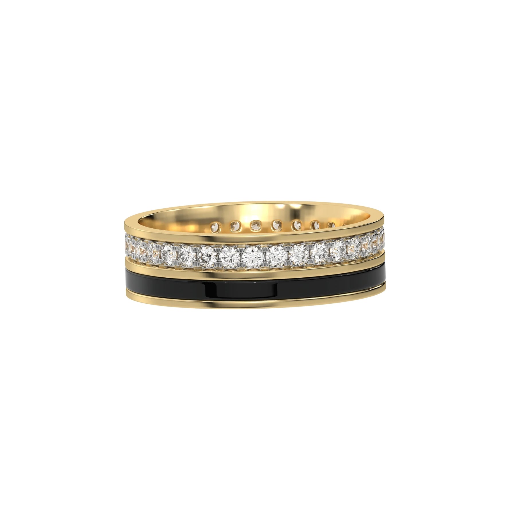 This yellow gold Diamond Enamel Eternity Band made with a rows of round brilliant cut diamonds set in a shared prong setting in side view