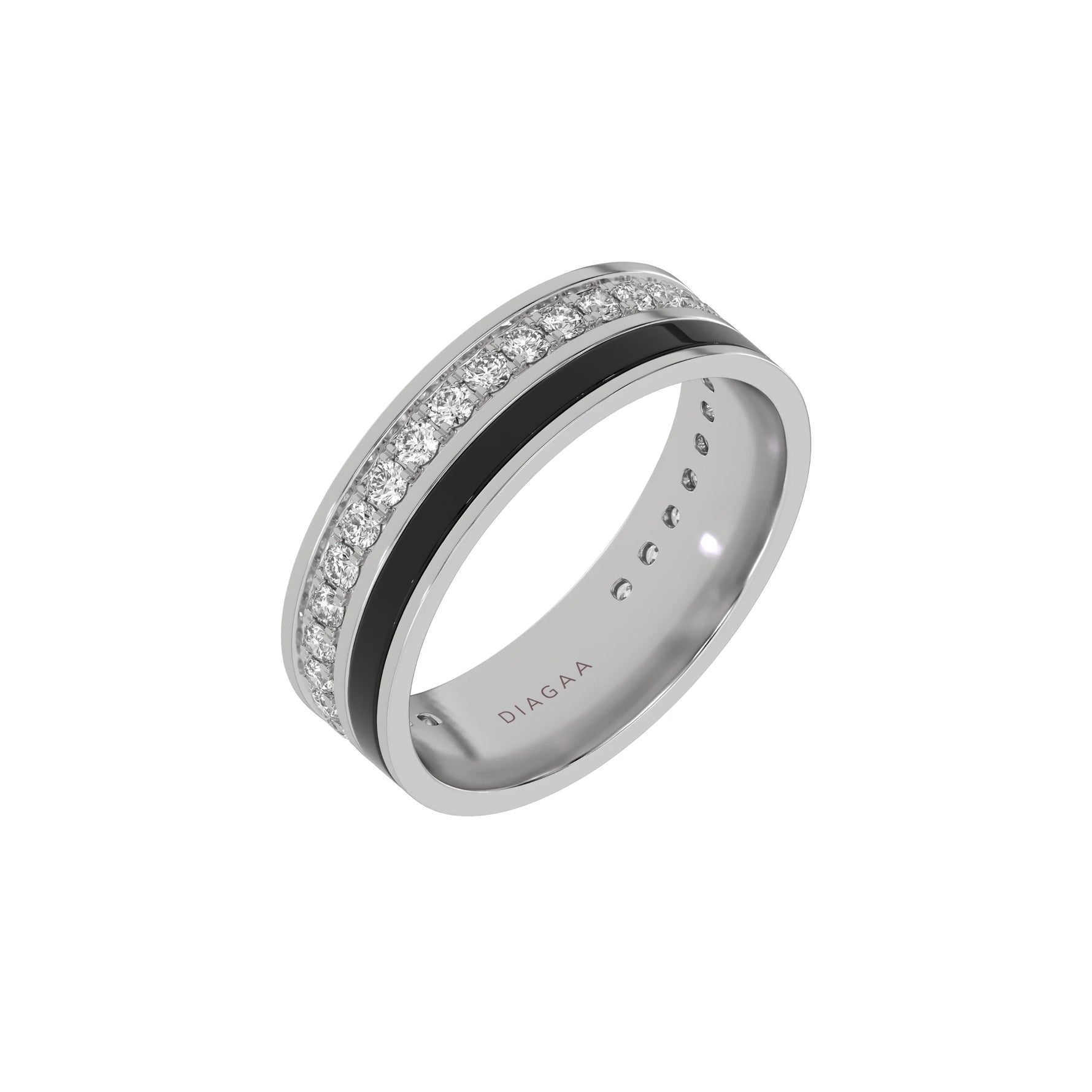 This white gold Diamond Enamel Eternity Band made with a rows of round brilliant cut diamonds set in a shared prong setting in 3D view