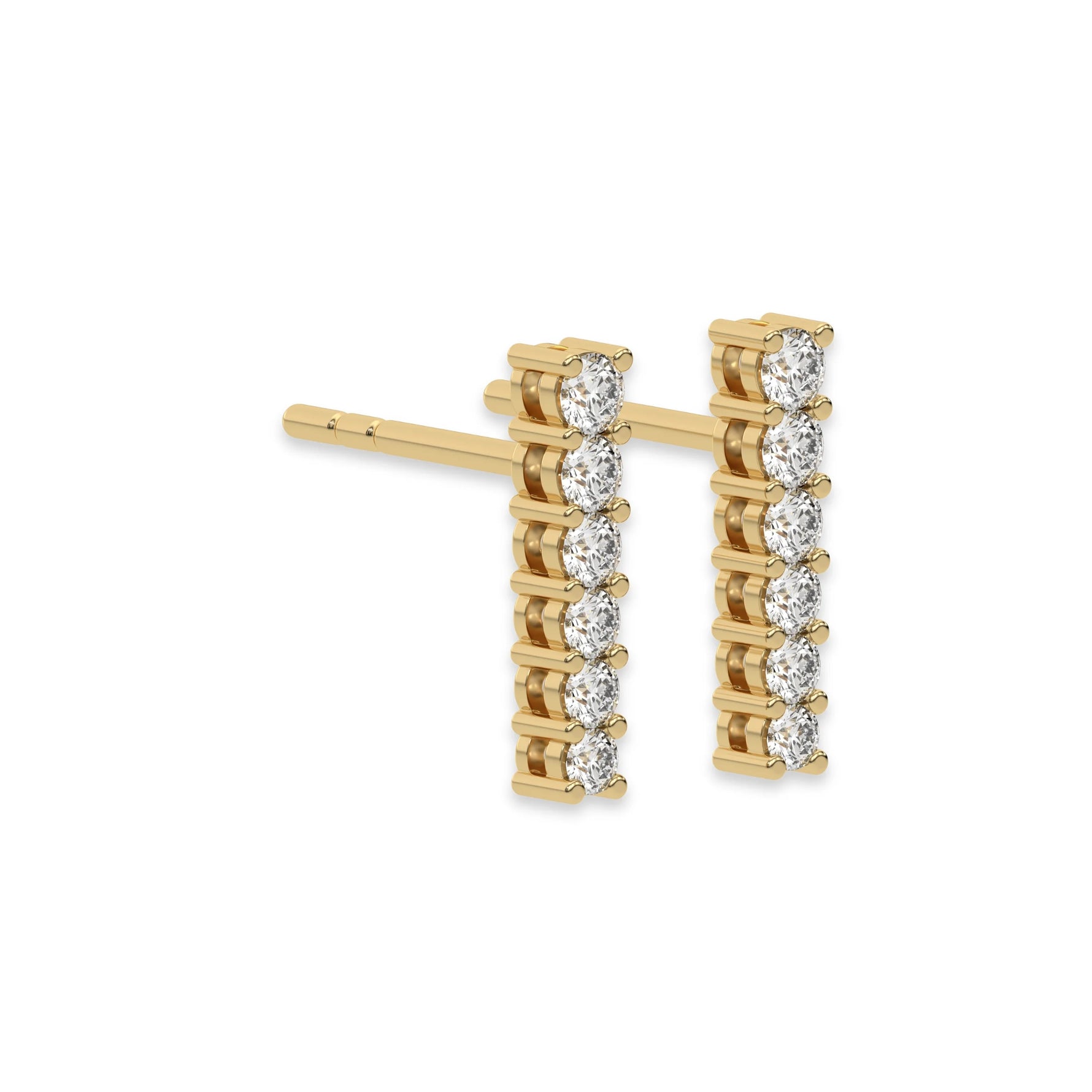 This yellow gold Bar Diamond Earrings made with small round brilliant-cut diamonds set horizontally in shared prong setting in side view