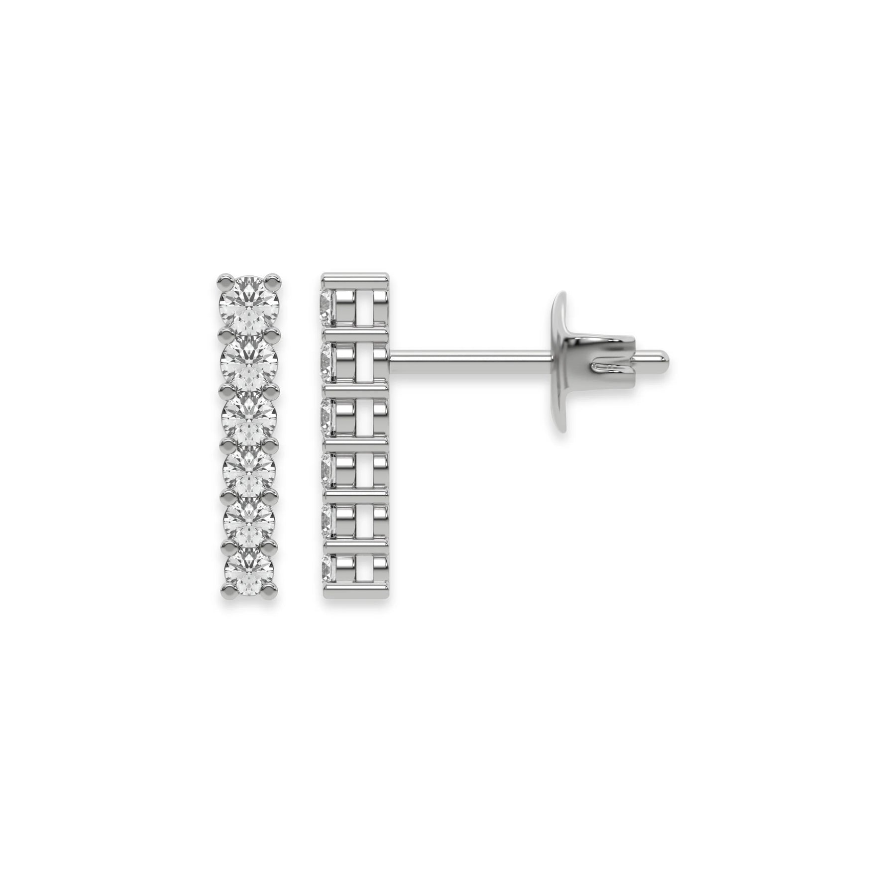 This white gold Bar Diamond Earrings made with small round brilliant-cut diamonds set horizontally in shared prong setting in top view and side view