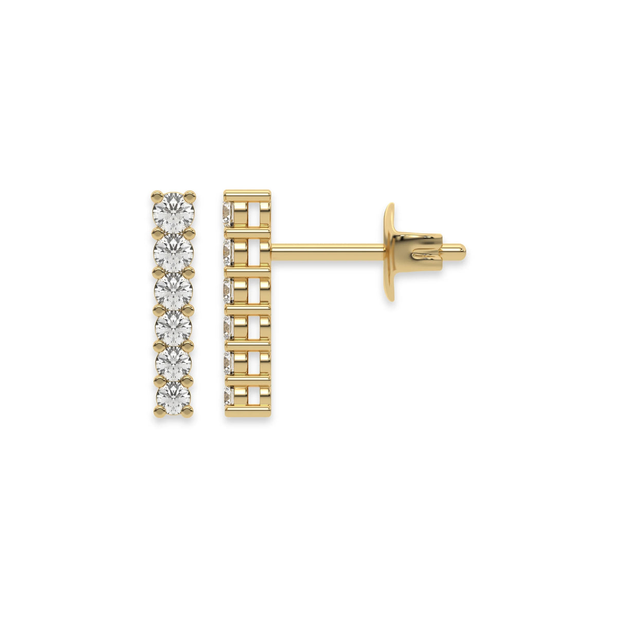 Front and side profile view of a prong-set round diamond stud earring set in yellow gold, featuring a vertical bar design with a secure push-back post. 