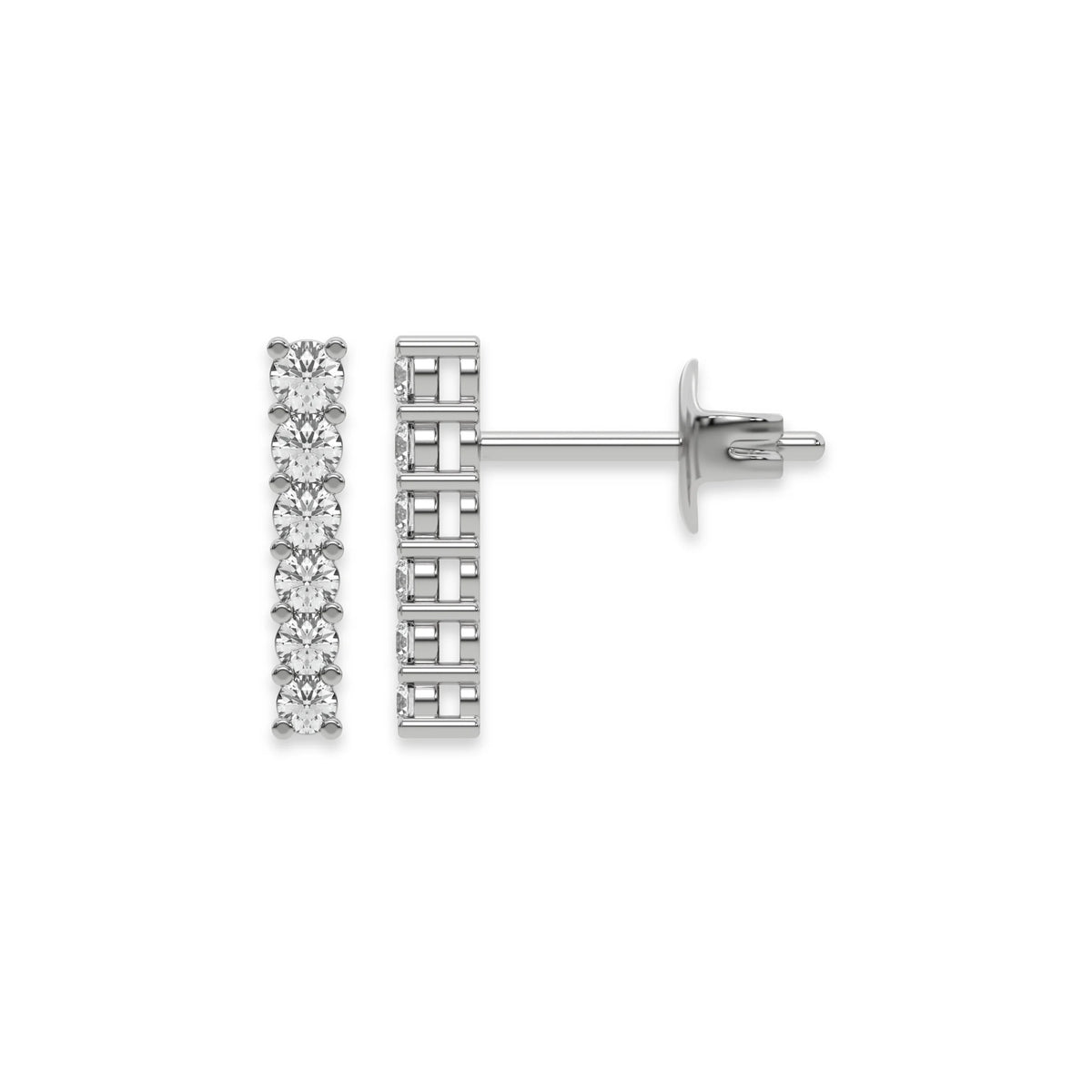 Front and side profile view of a prong-set round diamond stud earring set in white gold, featuring a vertical bar design with a secure push-back post.