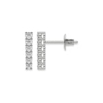 Front and side profile view of a prong-set round diamond stud earring set in white gold, featuring a vertical bar design with a secure push-back post.