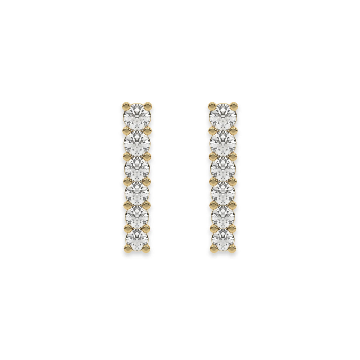 Pair of vertical bar studs set in yellow gold, featuring a classic prong-set round diamond stud earring design with a row of round stones.