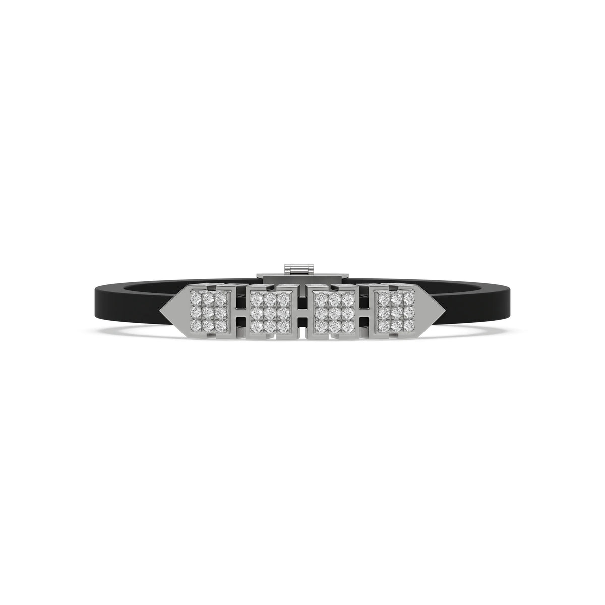 This white gold  axel diamond rubber bracelet features two box motifs in the center and two box motifs with arrows on each end. The bracelet elegantly showcases 36 diamonds set in a four-prong setting in top view