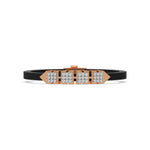 This rose gold  axel diamond rubber bracelet features two box motifs in the center and two box motifs with arrows on each end. The bracelet elegantly showcases 36 diamonds set in a four-prong setting in top view