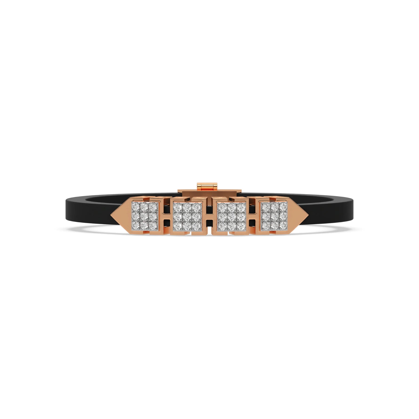 This rose gold  axel diamond rubber bracelet features two box motifs in the center and two box motifs with arrows on each end. The bracelet elegantly showcases 36 diamonds set in a four-prong setting in top view