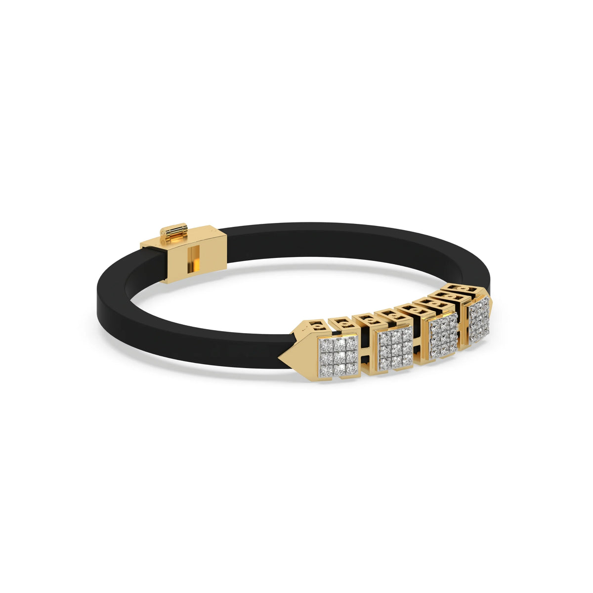 This yellow gold  axel diamond rubber bracelet features two box motifs in the center and two box motifs with arrows on each end. The bracelet elegantly showcases 36 diamonds set in a four-prong setting in side view