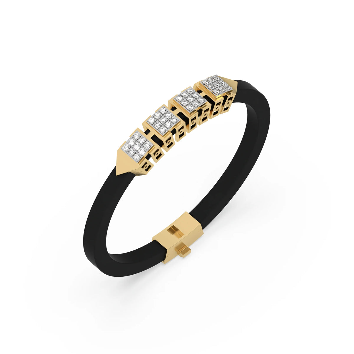 This yellow gold  axel diamond rubber bracelet features two box motifs in the center and two box motifs with arrows on each end. The bracelet elegantly showcases 36 diamonds set in a four-prong setting in 3d view