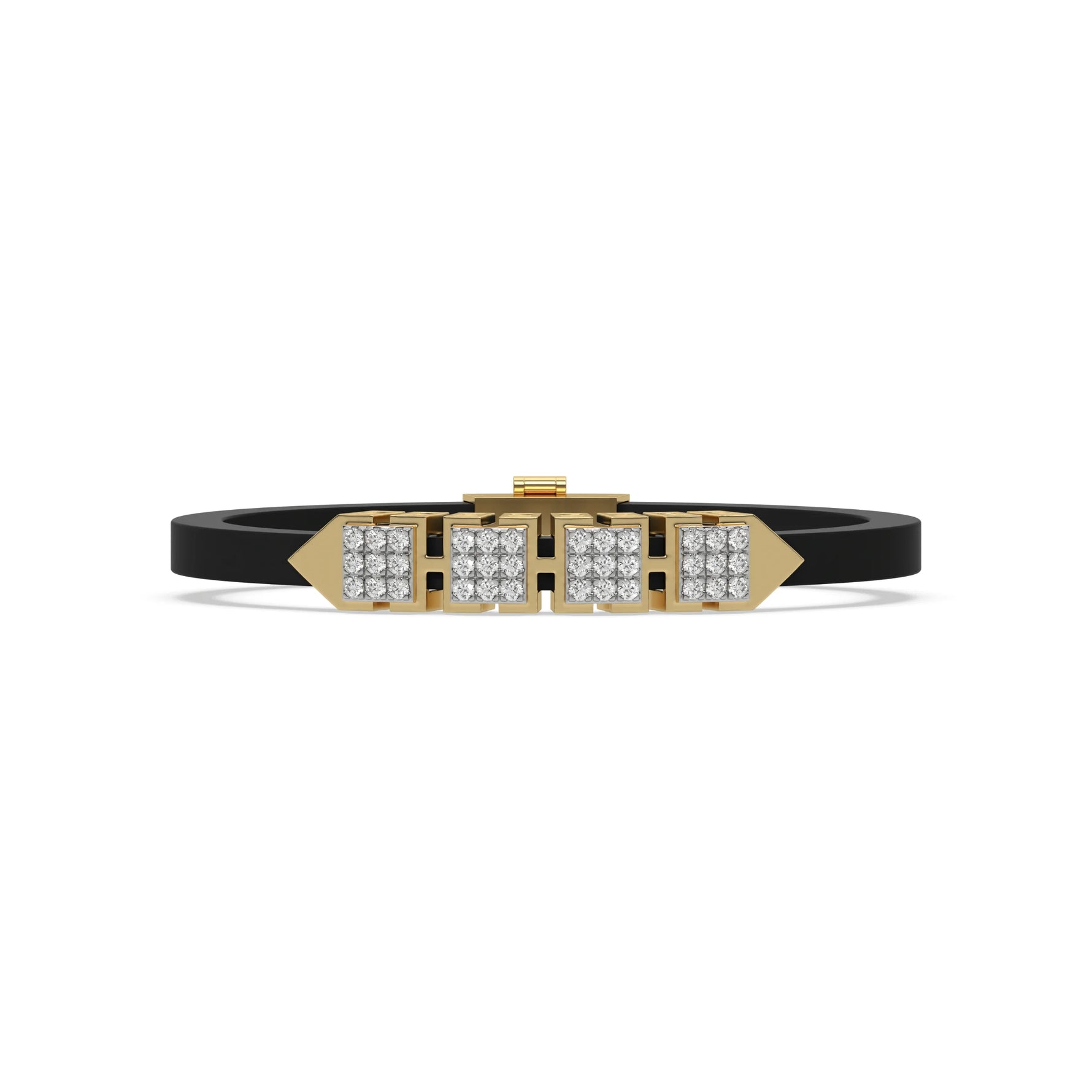 This yellow gold axel diamond rubber bracelet features two box motifs in the center and two box motifs with arrows on each end. The bracelet elegantly showcases 36 diamonds set in a four-prong setting in top view