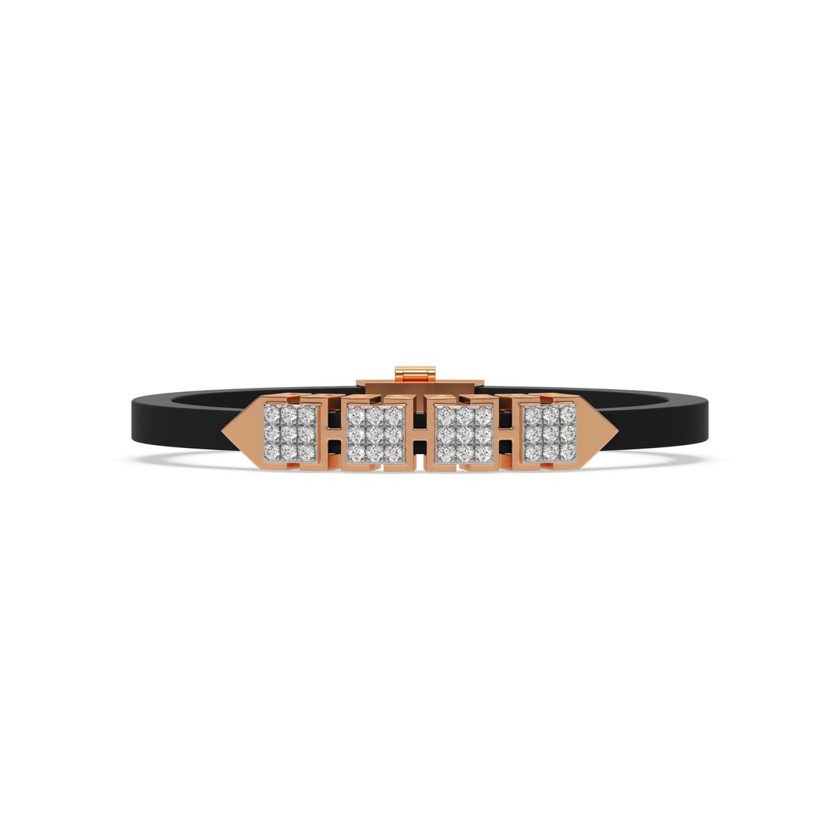 This rose gold axel diamond rubber bracelet features two box motifs in the center and two box motifs with arrows on each end. The bracelet elegantly showcases 36 diamonds set in a four-prong setting in top view