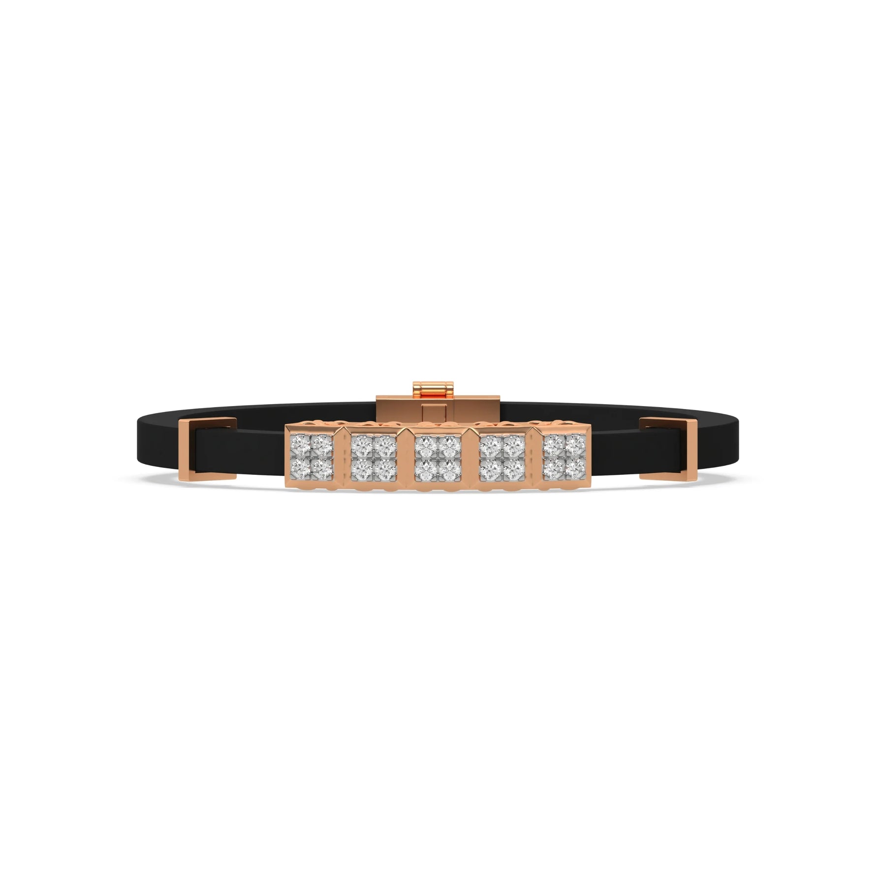 This rose gold Cubic diamond rubber bracelet features 5 cubic motifs adorned with 20 round-cut diamonds, all meticulously set in a prong setting in top view