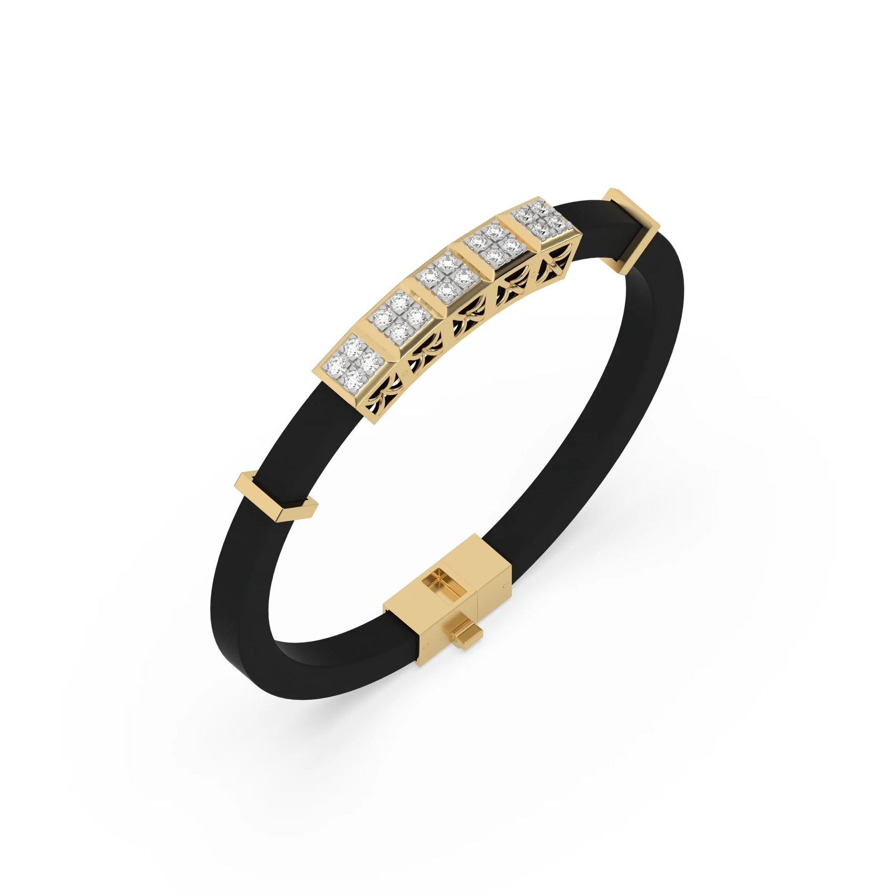 This yellow gold Cubic diamond rubber bracelet features 5 cubic motifs adorned with 20 round-cut diamonds, all meticulously set in a prong setting in 3d view