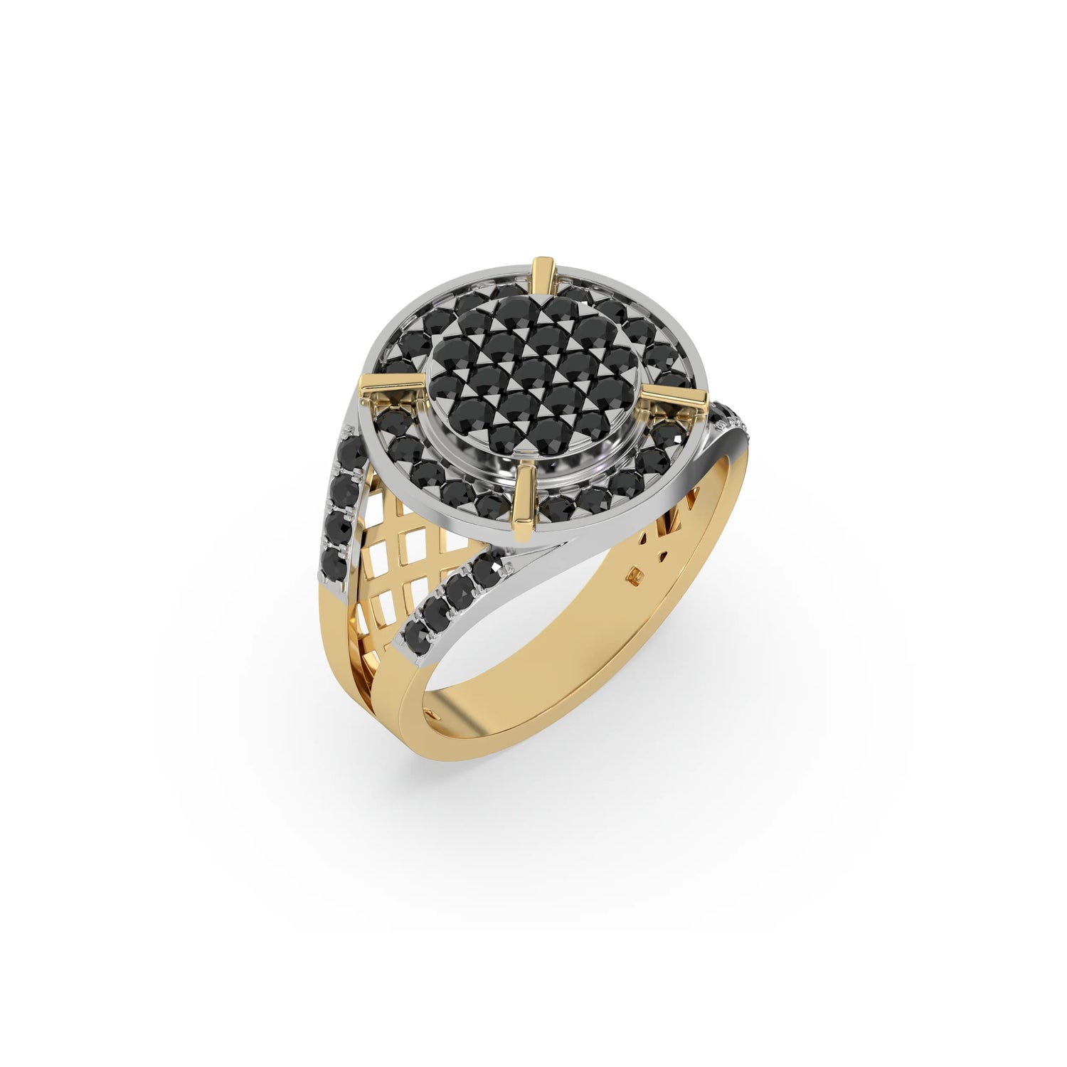 1.35 CT Black Natural Diamond Two Tone Disk Signet Ring