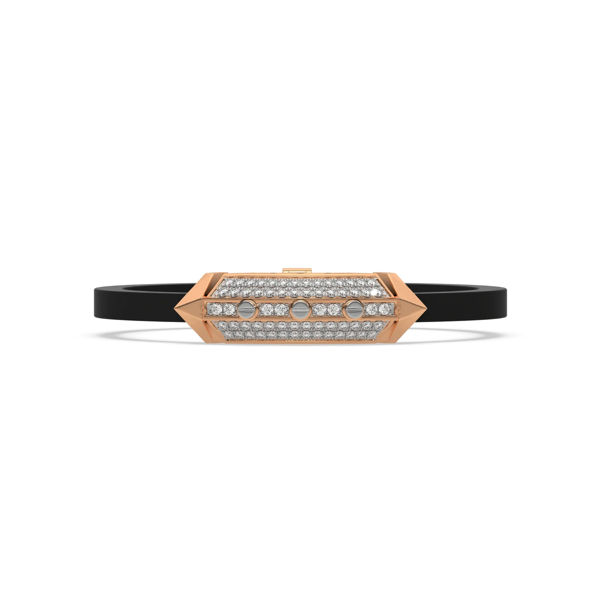 This rose gold  infinity diamond rubber bracelet, a striking statement piece featuring two diamond rows on each end and a central bar line made with gold motifs and diamonds, all set in a prong setting in top view