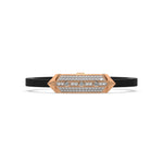 This rose gold  infinity diamond rubber bracelet, a striking statement piece featuring two diamond rows on each end and a central bar line made with gold motifs and diamonds, all set in a prong setting in top view