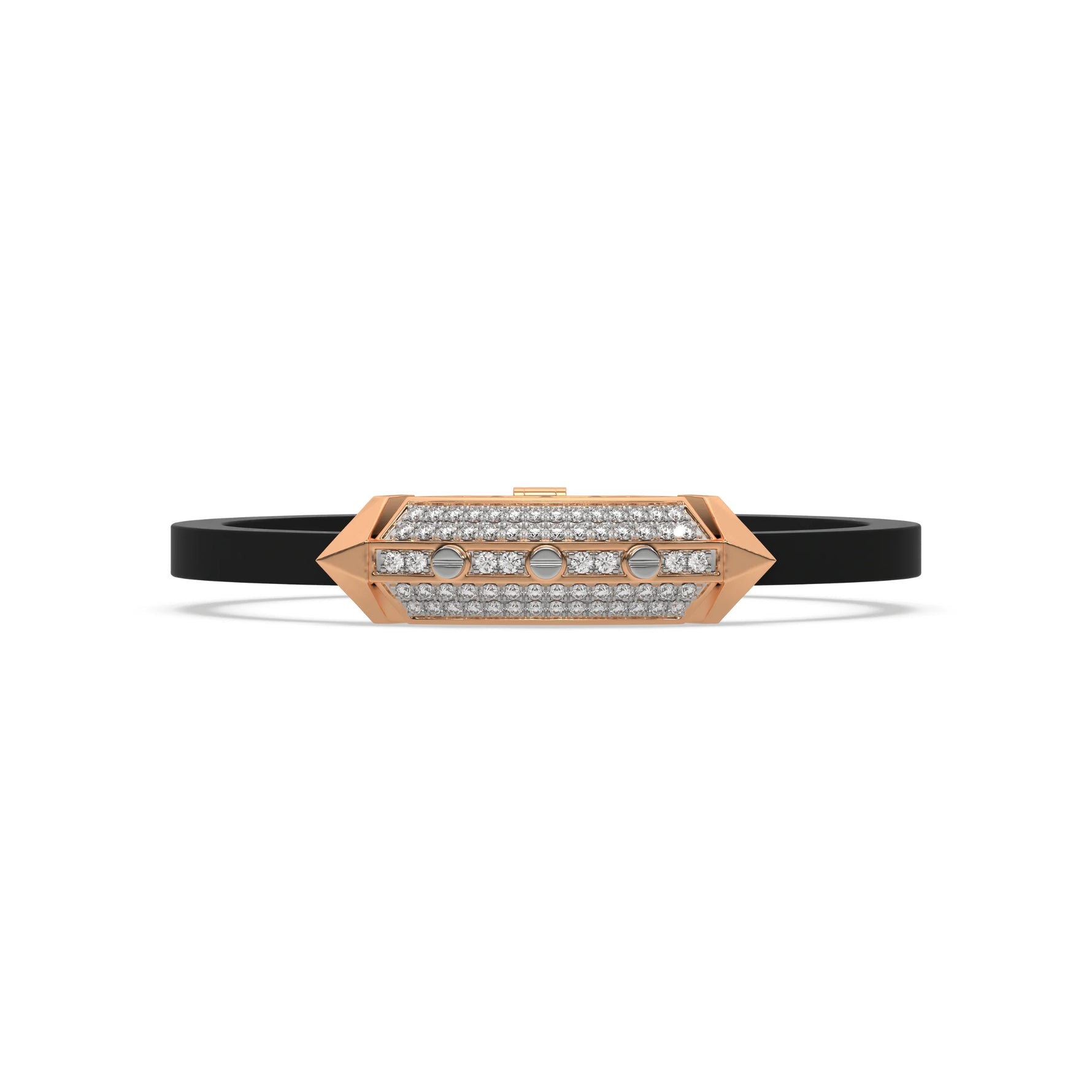 This rose gold  infinity diamond rubber bracelet, a striking statement piece featuring two diamond rows on each end and a central bar line made with gold motifs and diamonds, all set in a prong setting in top view