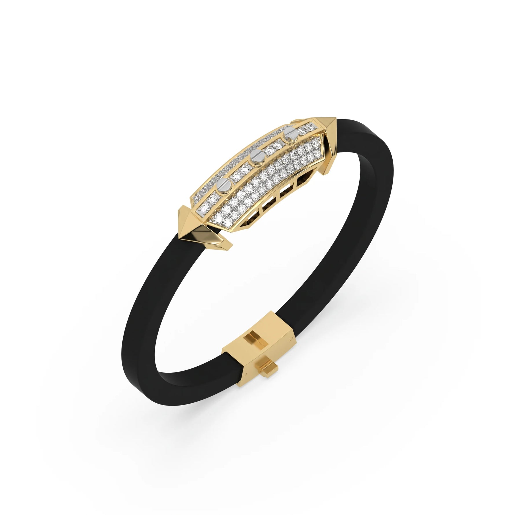 This yellow gold  infinity diamond rubber bracelet, a striking statement piece featuring two diamond rows on each end and a central bar line made with gold motifs and diamonds, all set in a prong setting in 3d view