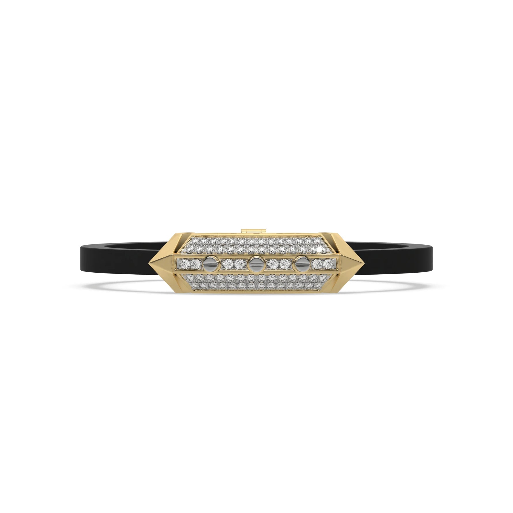 This yellow gold infinity diamond rubber bracelet, a striking statement piece featuring two diamond rows on each end and a central bar line made with gold motifs and diamonds, all set in a prong setting in top view