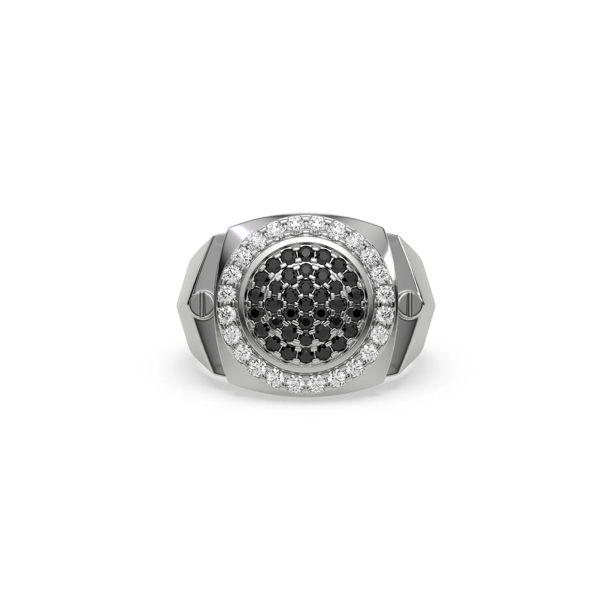 0.96 CT Black and White Natural Diamond Round Signet Ring