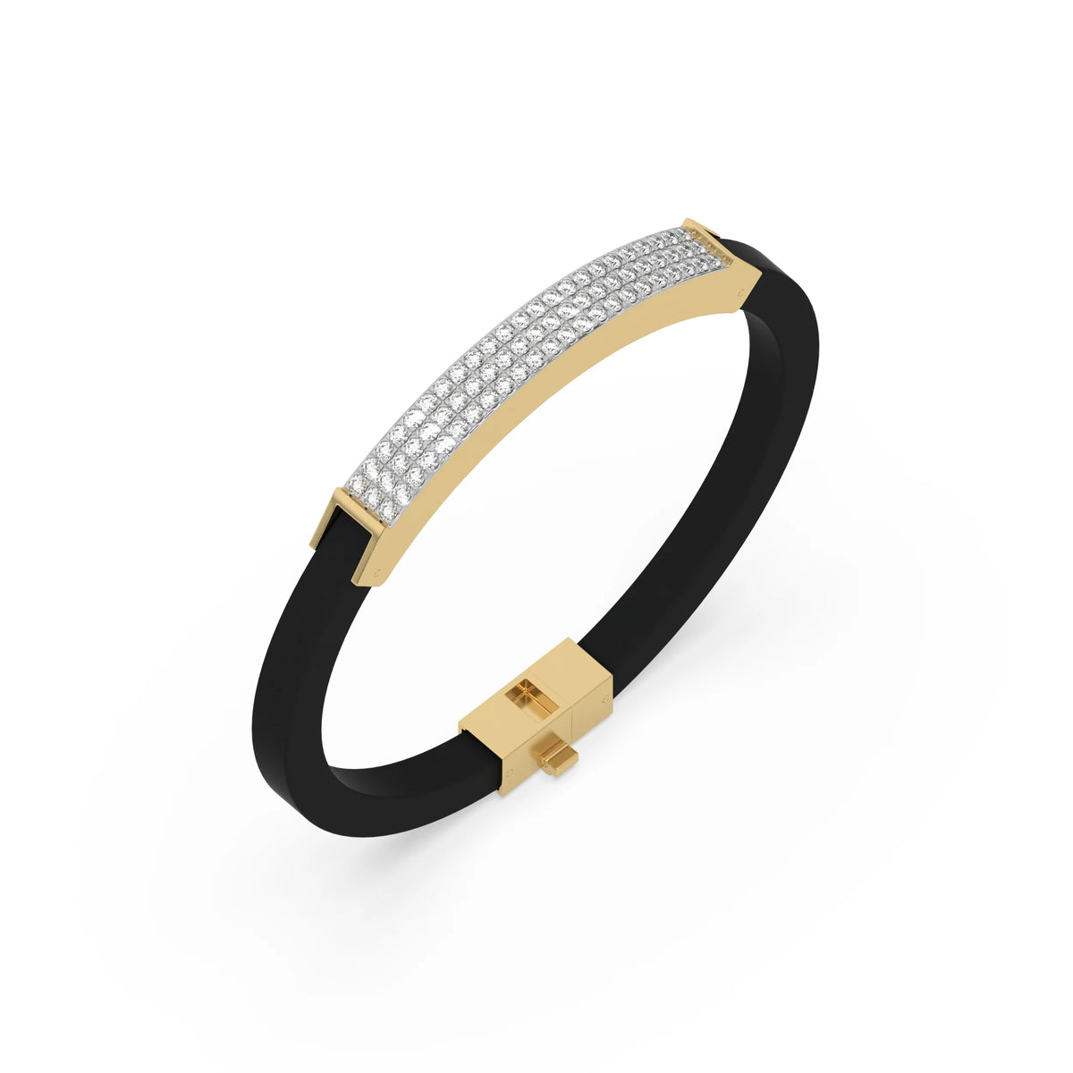 This yellow gold three-row diamond bracelet features a stylish design adorned with 69 round-cut diamonds. These diamonds are set in a shared prong setting in 3d view