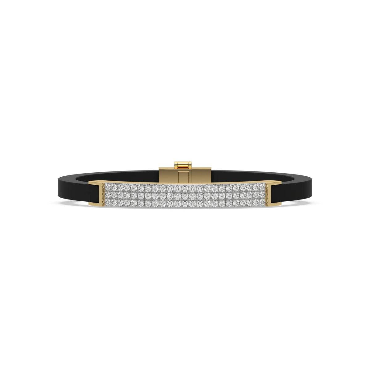 This yellow gold three-row diamond bracelet features a stylish design adorned with 69 round-cut diamonds. These diamonds are set in a shared prong setting in top view