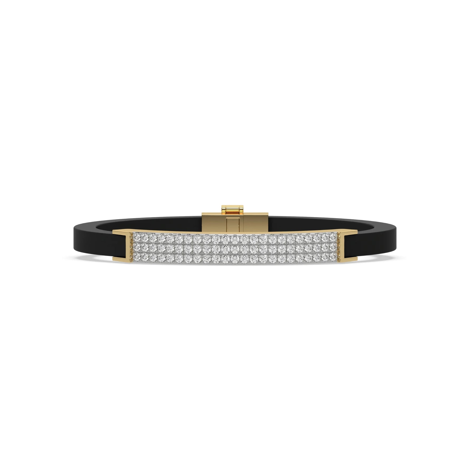 This yellow gold three-row diamond bracelet features a stylish design adorned with 69 round-cut diamonds. These diamonds are set in a shared prong setting in top view