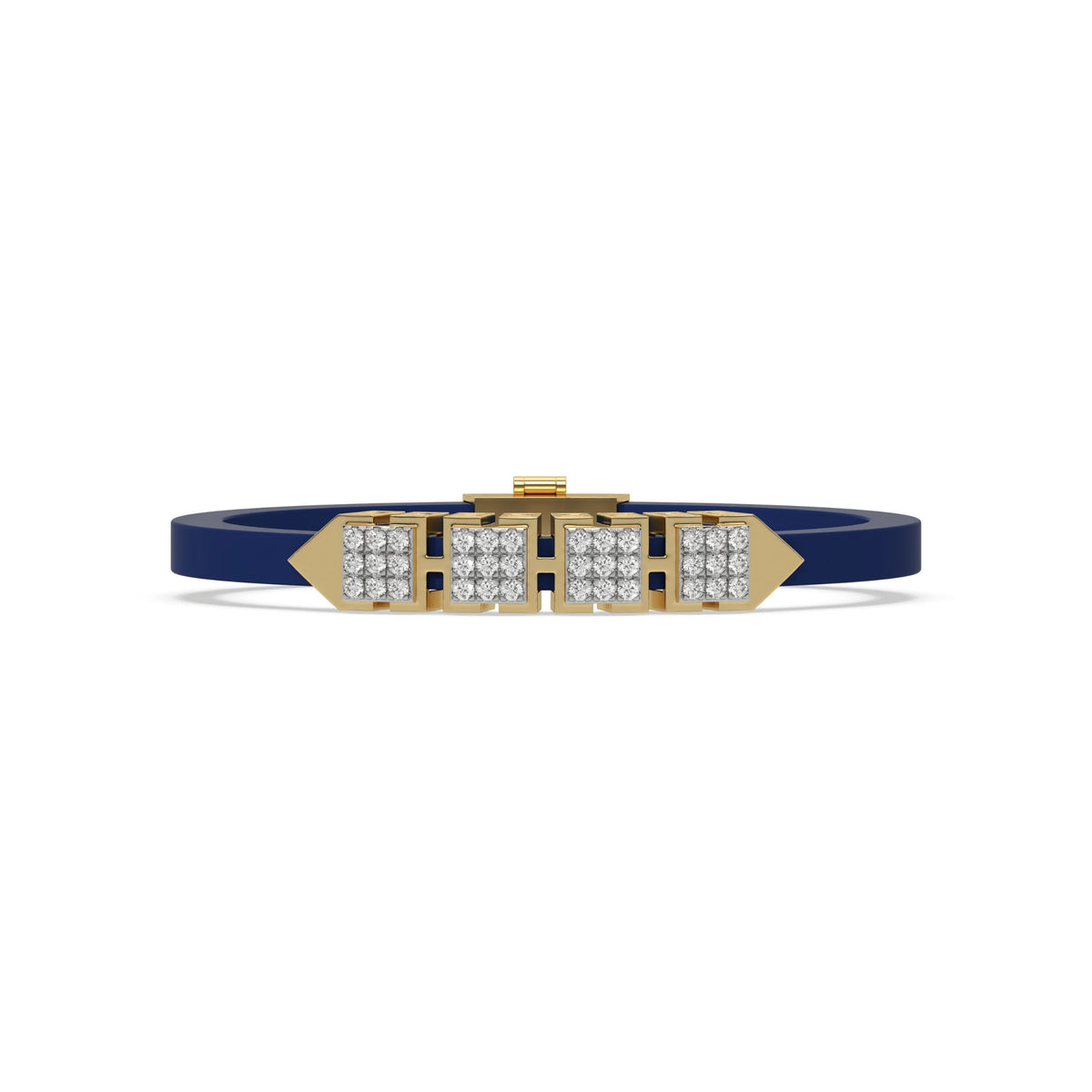 This yellow gold  axel diamond rubber bracelet features two box motifs in the center and two box motifs with arrows on each end. The bracelet elegantly showcases 36 diamonds set in a four-prong setting in top view