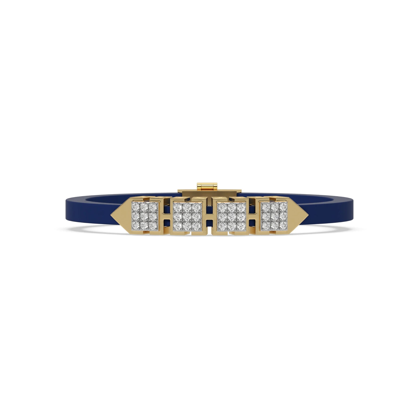 This yellow gold  axel diamond rubber bracelet features two box motifs in the center and two box motifs with arrows on each end. The bracelet elegantly showcases 36 diamonds set in a four-prong setting in top view