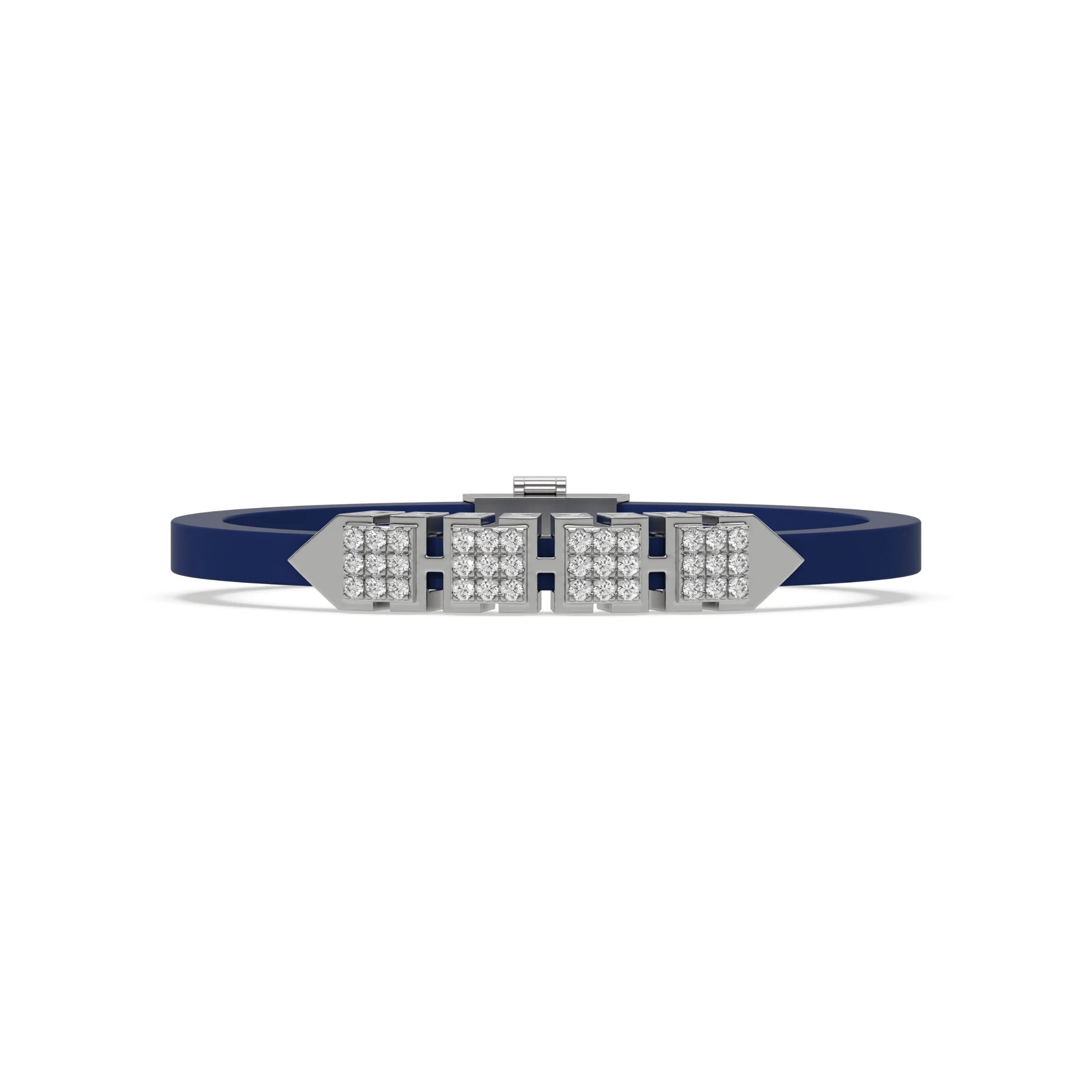 This white gold  axel diamond rubber bracelet features two box motifs in the center and two box motifs with arrows on each end. The bracelet elegantly showcases 36 diamonds set in a four-prong setting in top view