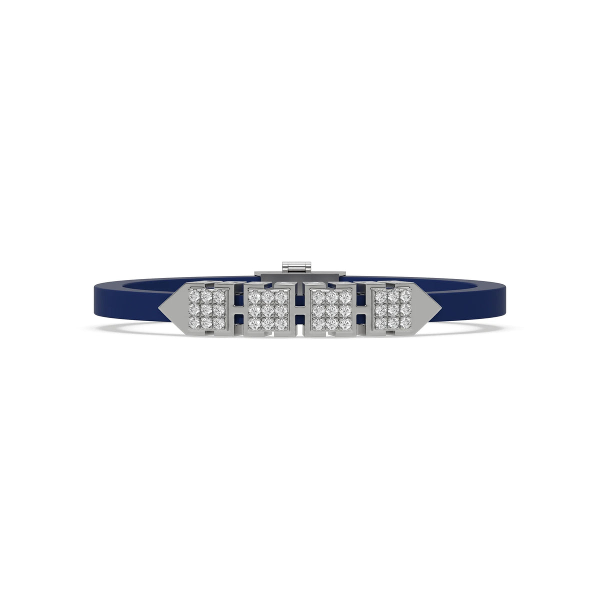 This white gold axel diamond rubber bracelet features two box motifs in the center and two box motifs with arrows on each end. The bracelet elegantly showcases 36 diamonds set in a four-prong setting in top view