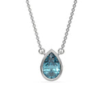 This white gold Fancy Blue Pear Solitaire Diamond Necklace made with a fancy Blue pear cut diamond in bezel setting with adjustable chain in top view