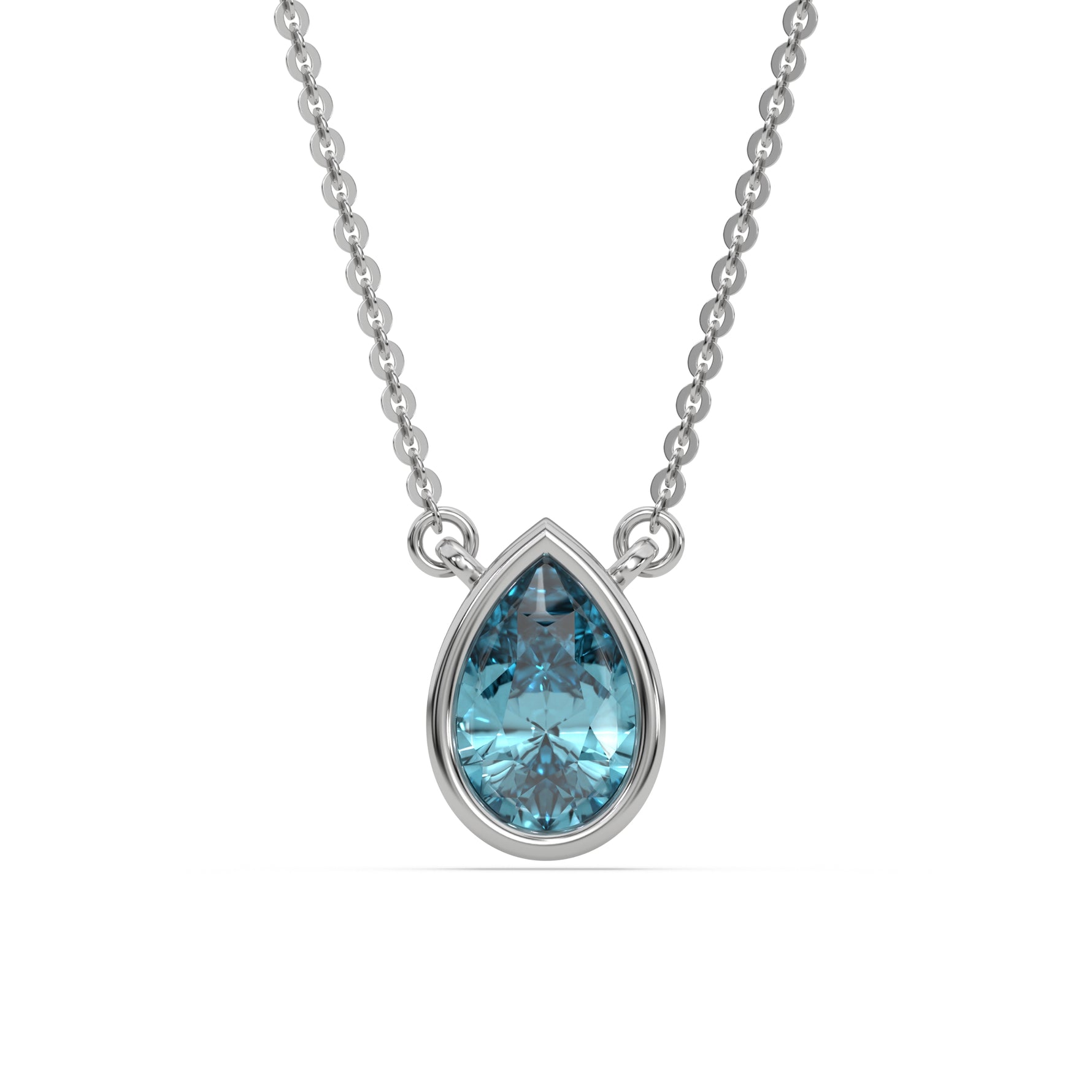 This white gold Fancy Blue Pear Solitaire Diamond Necklace made with a fancy Blue pear cut diamond in bezel setting with adjustable chain in top view