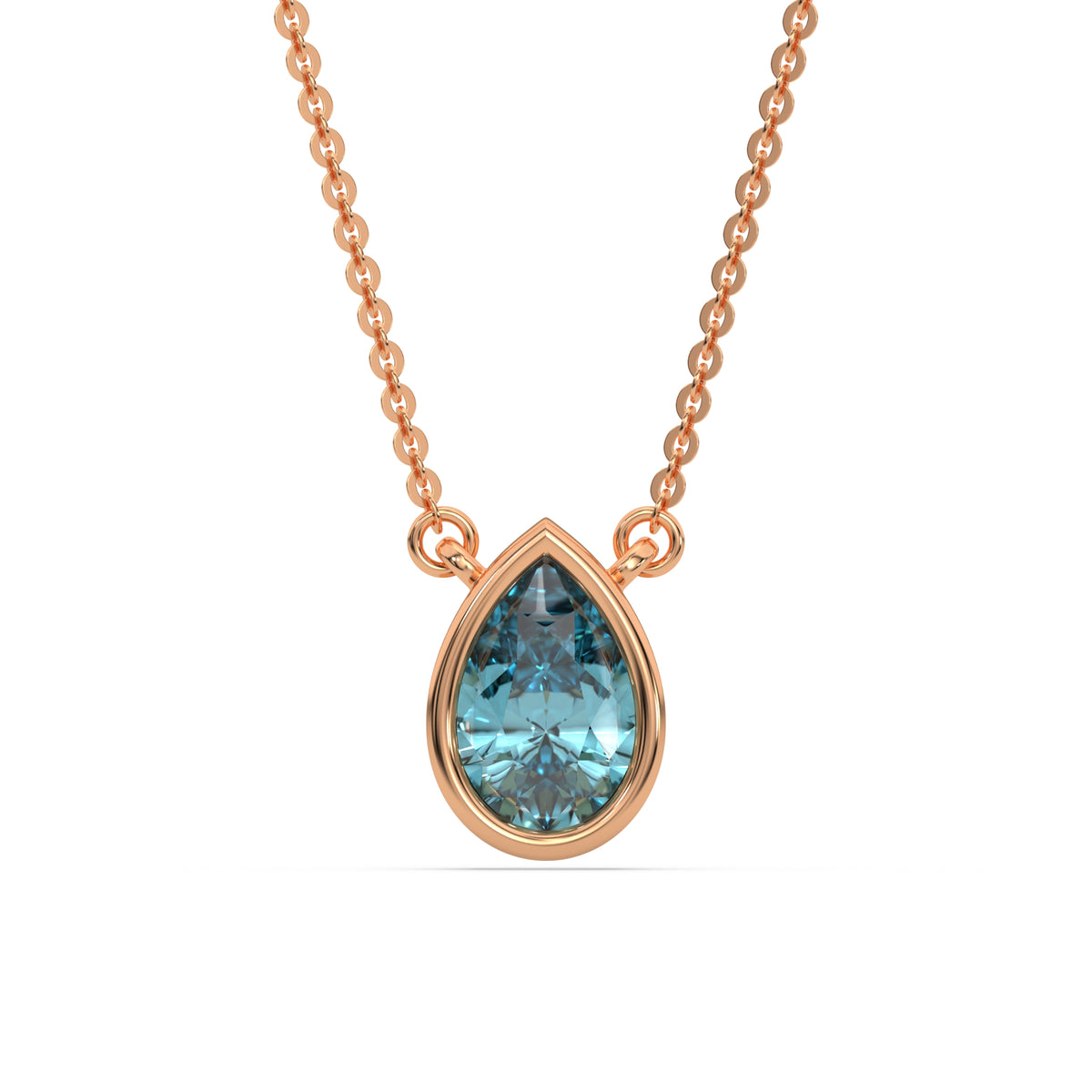 This rose gold Fancy Blue Pear Solitaire Diamond Necklace made with a fancy Blue pear cut diamond in bezel setting with adjustable chain in top view