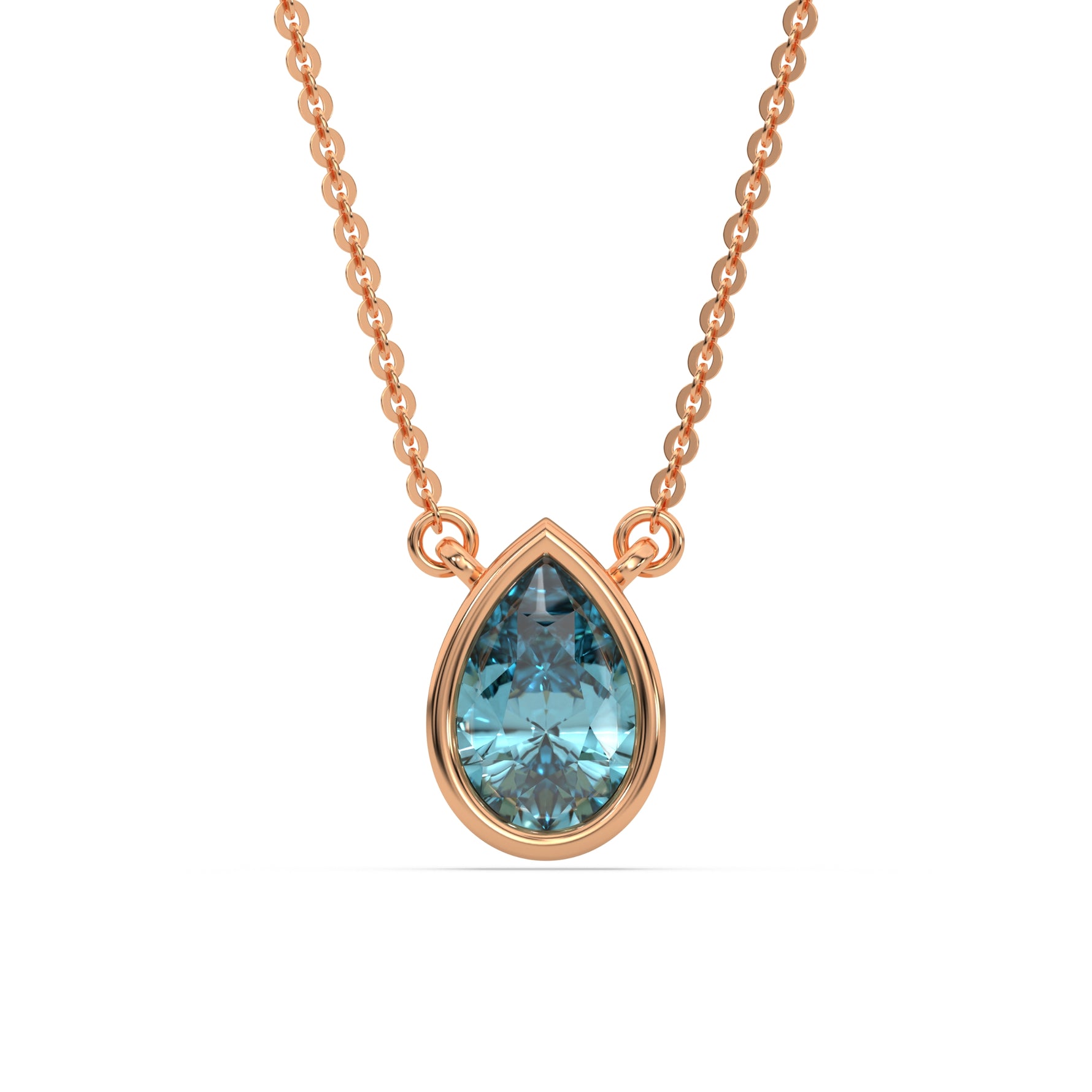 This rose gold Fancy Blue Pear Solitaire Diamond Necklace made with a fancy Blue pear cut diamond in bezel setting with adjustable chain in top view