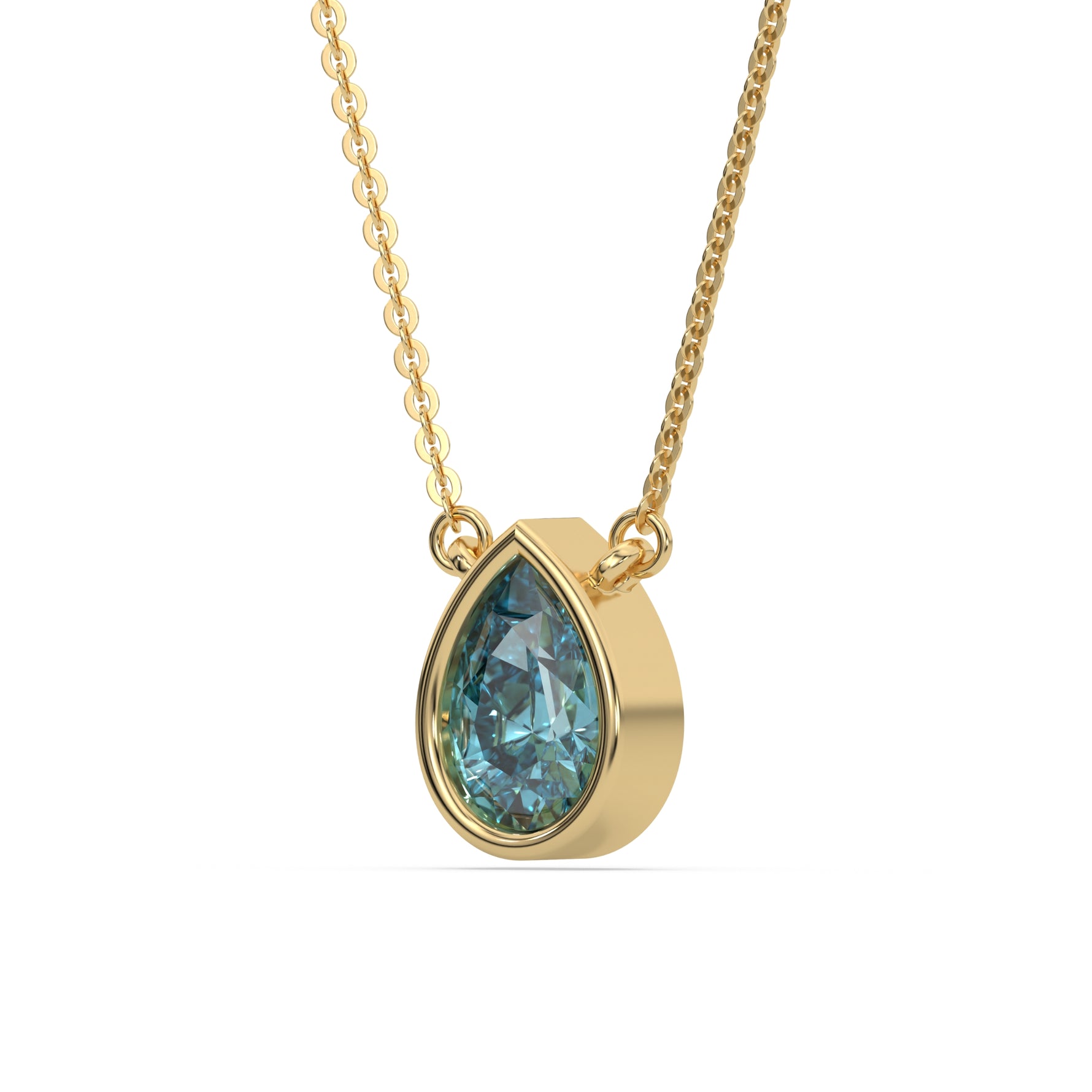 This yellow gold Fancy Blue Pear Solitaire Diamond Necklace made with a fancy Blue pear cut diamond in bezel setting with adjustable chain in side view