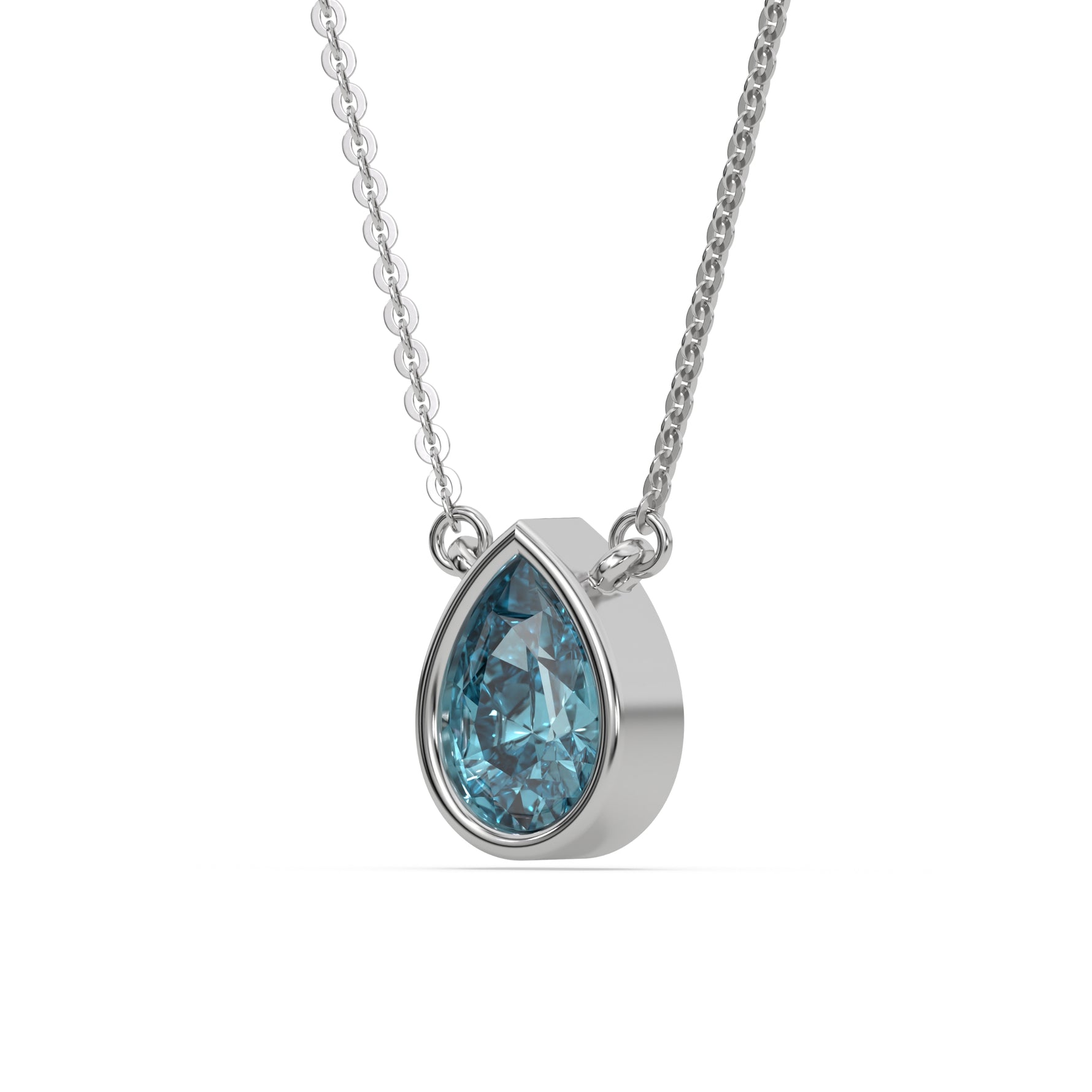 This white gold Fancy Blue Pear Solitaire Diamond Necklace made with a fancy Blue pear cut diamond in bezel setting with adjustable chain in side view