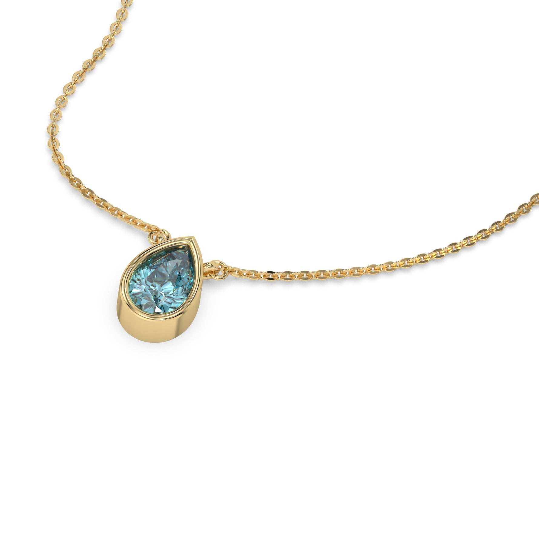 This yellow gold Fancy Blue Pear Solitaire Diamond Necklace made with a fancy Blue pear cut diamond in bezel setting with adjustable chain in 3d view