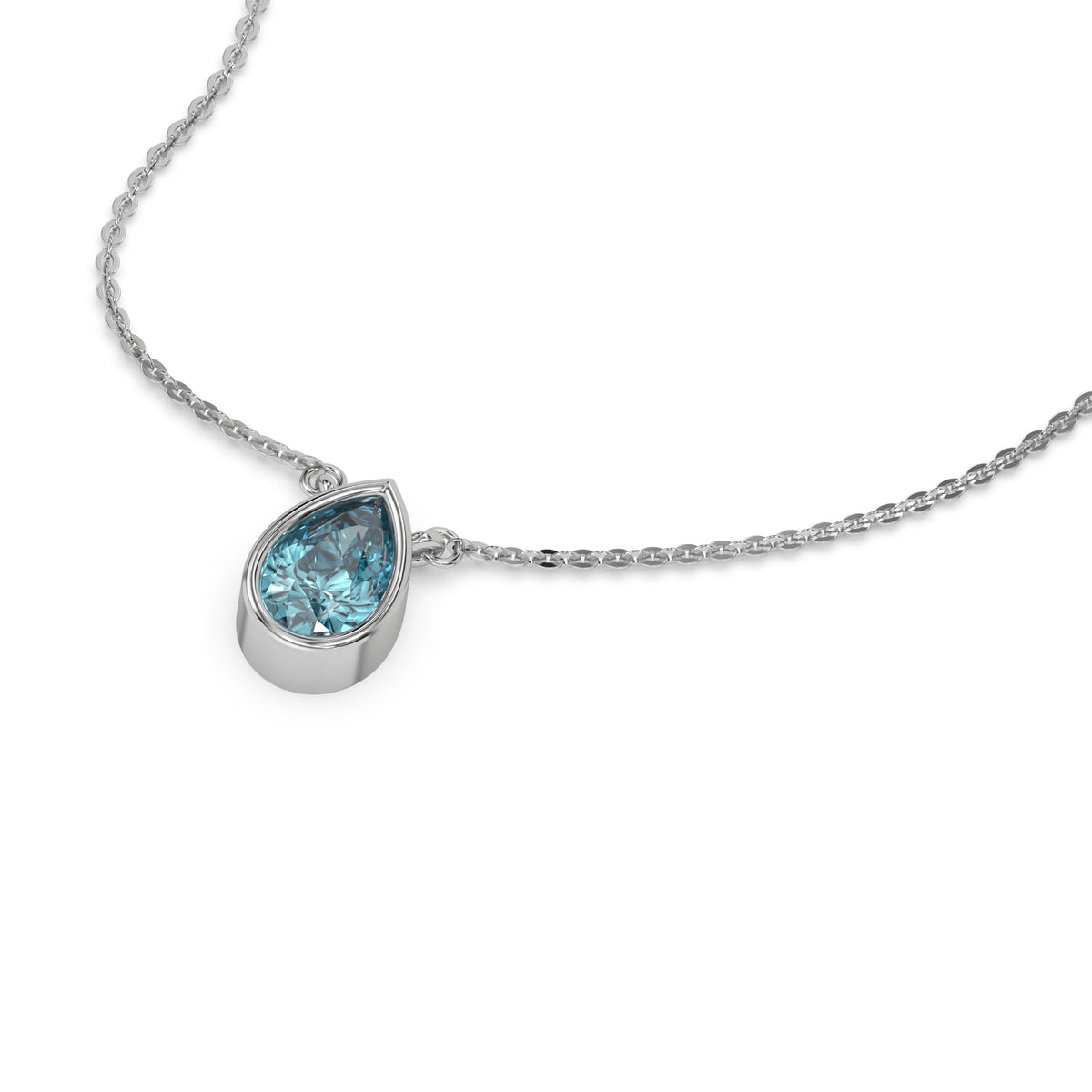 This white gold Fancy Blue Pear Solitaire Diamond Necklace made with a fancy Blue pear cut diamond in bezel setting with adjustable chain in 3d view