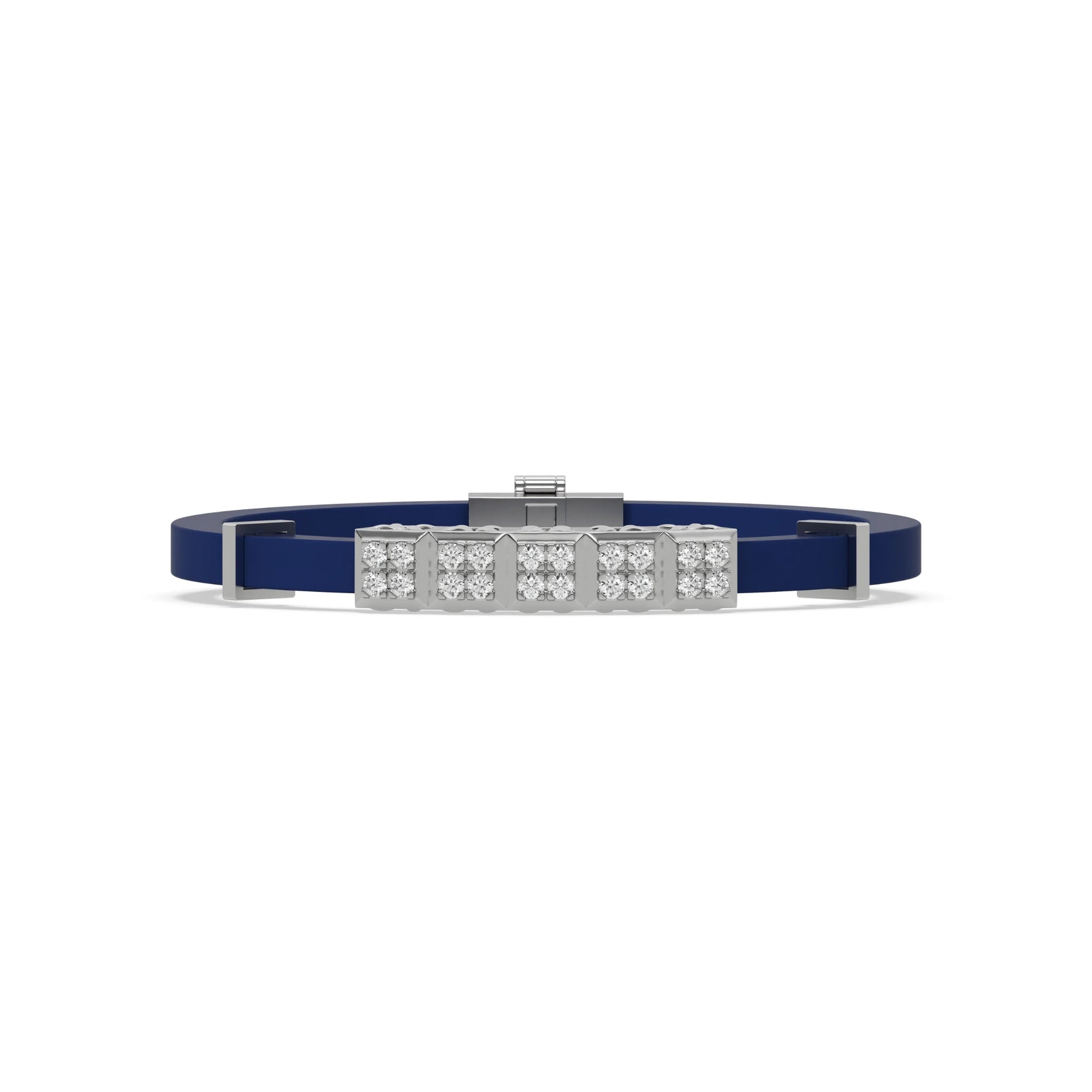 This white gold Cubic diamond rubber bracelet features 5 cubic motifs adorned with 20 round-cut diamonds, all meticulously set in a prong setting in top view