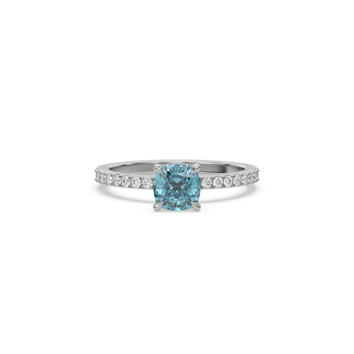 This white gold ring displayed in Front view is made with a cushion solitaire diamond set in four-prong setting