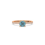 This rose gold ring displayed in Front view is made with a cushion solitaire diamond set in four-prong setting