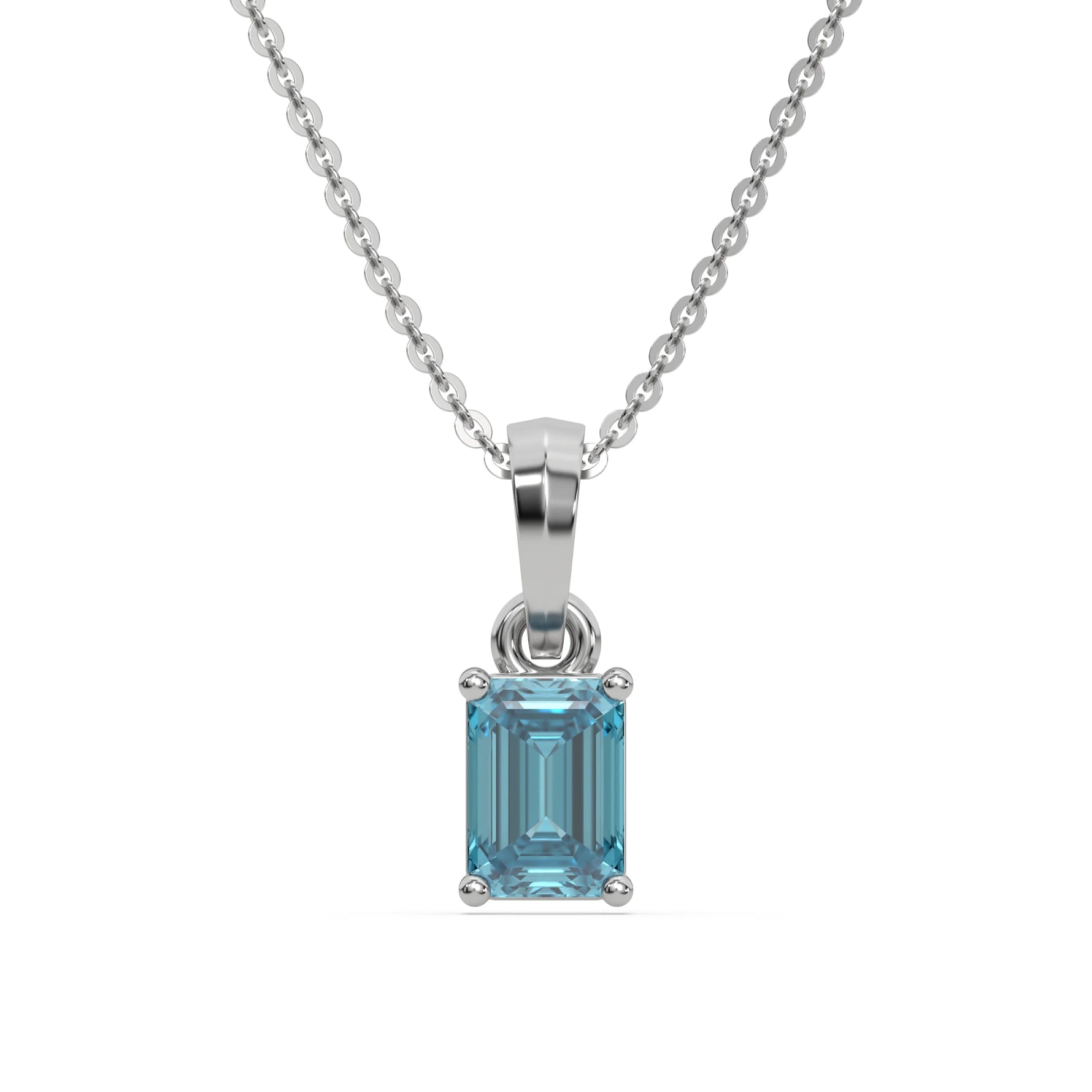 This white gold Fancy Blue Emerald Solitaire Diamond Necklace made with an fancy Blue emerald cut diamond in a four prong setting with adjustable chain in top view