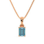 This rose gold Fancy Blue Emerald Solitaire Diamond Necklace made with an fancy Blue emerald cut diamond in a four prong setting with adjustable chain in top view